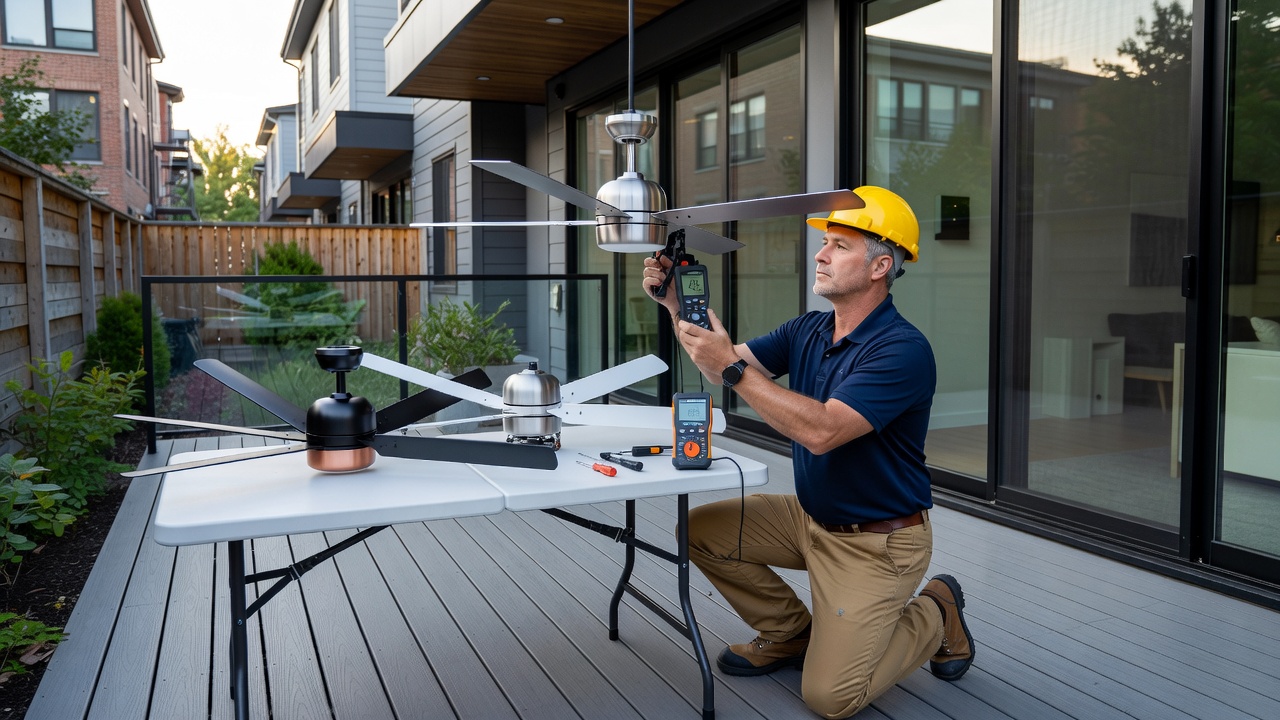 Outdoor ceiling fan on townhouse patio in Toronto HVAC setting