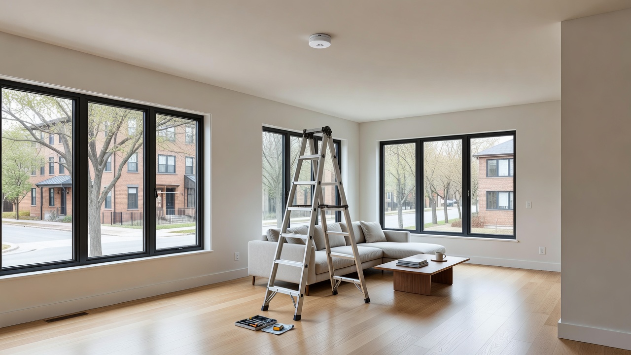 Expert inspecting smoke detector battery in Toronto townhouse