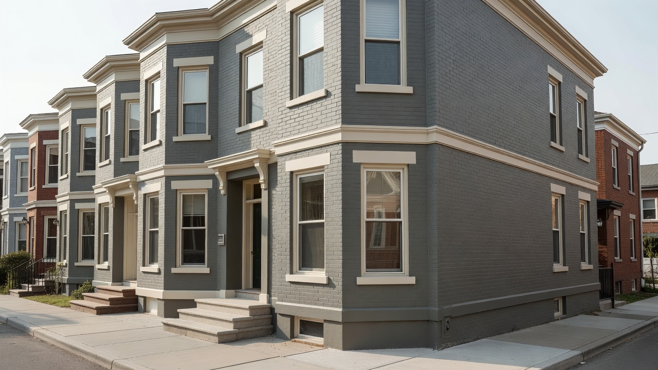 Painter applying exterior paint on a GTA townhouse following permit rules
