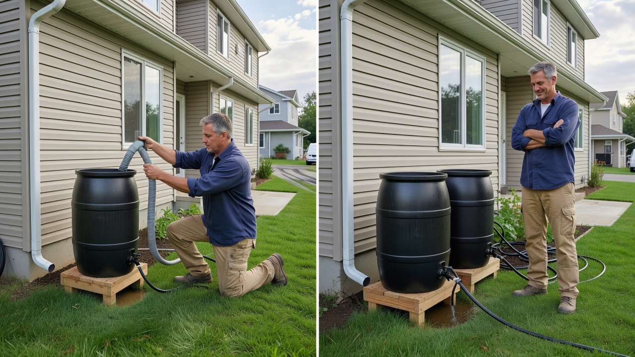 Rain barrel installation by Markham plumber for sustainable water use