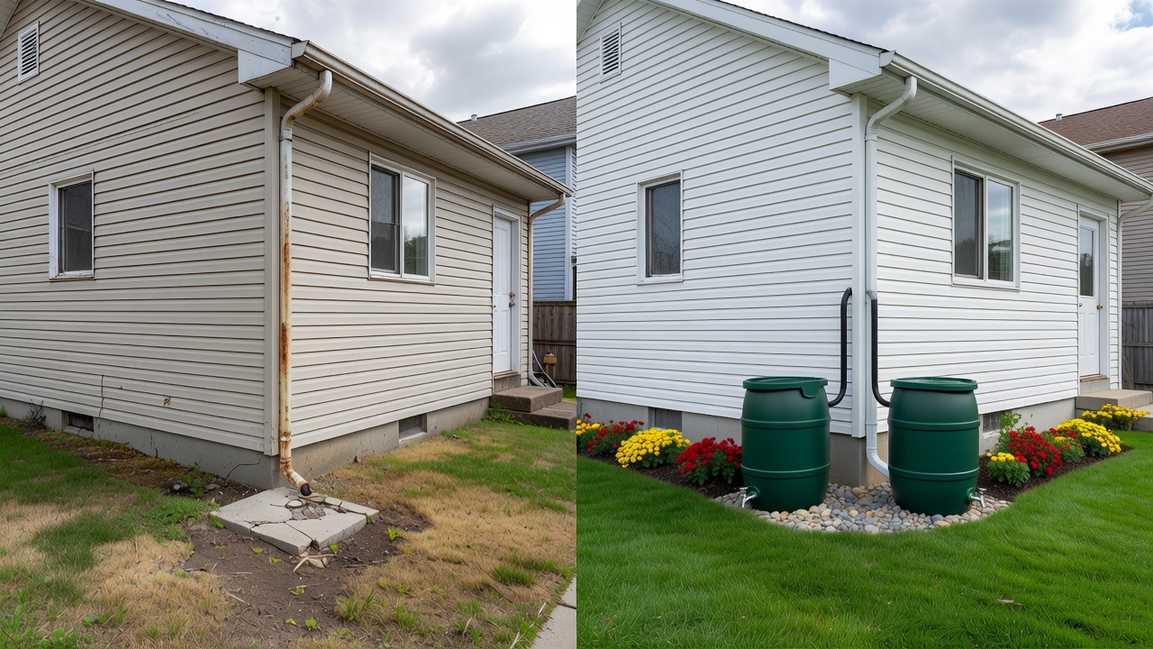 Before and after rain barrel setup for sustainable plumbing in Markham