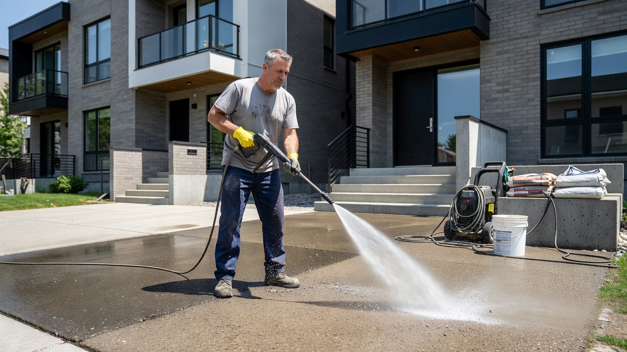Summer driveway power washing and sealing on GTA townhouse driveway