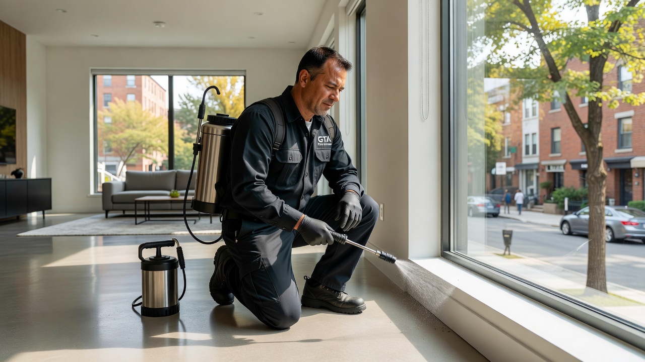 Pest control specialist treating ants and mosquitoes in GTA townhouse
