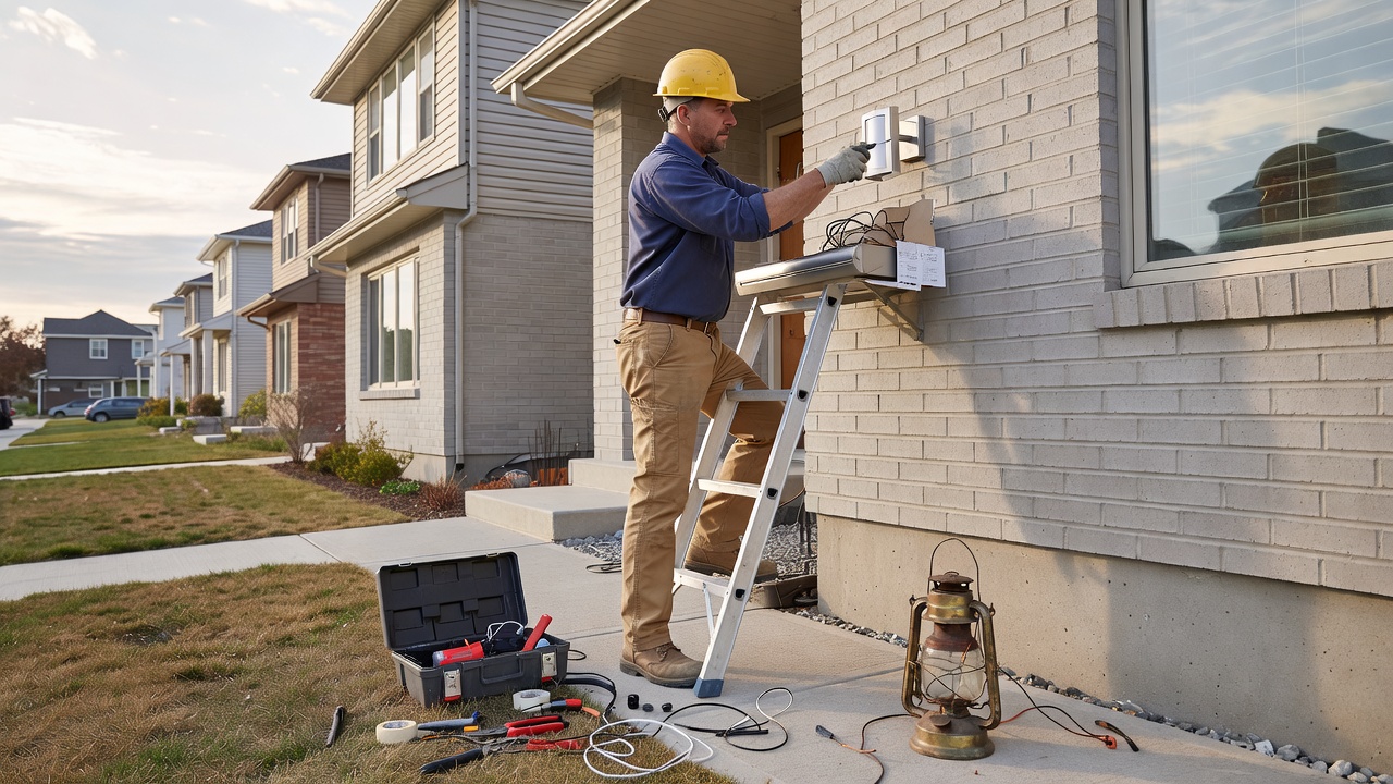 Electrician performing exterior light fixture electrical installation in Toronto