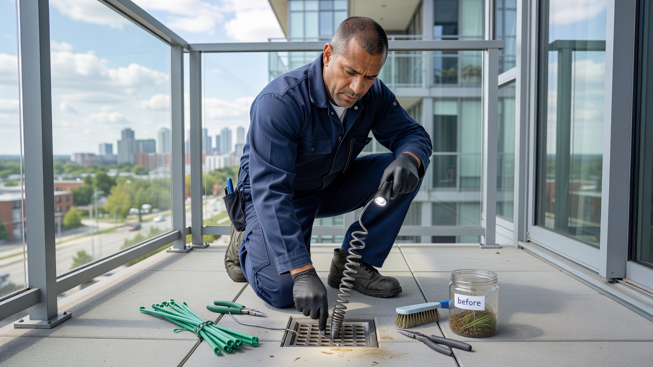 Brampton plumber inspecting condo balcony drain