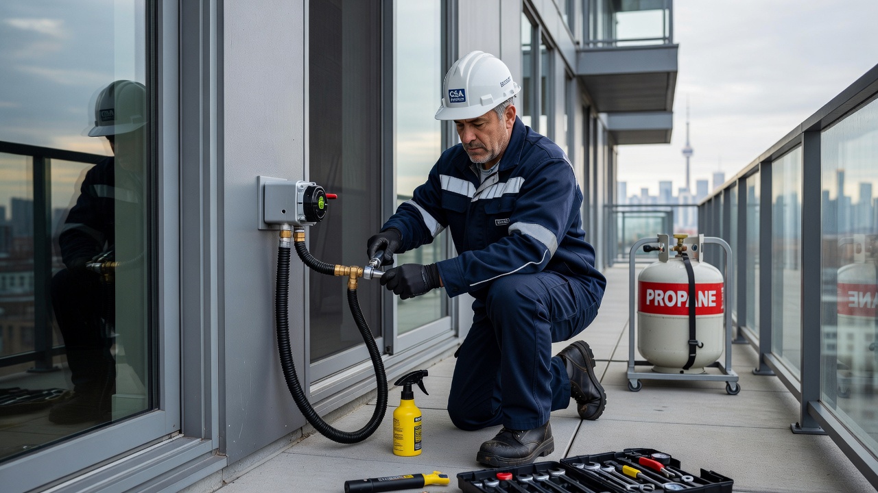 BBQ gas line installation on condo balcony in Toronto ensuring fire safety compliance