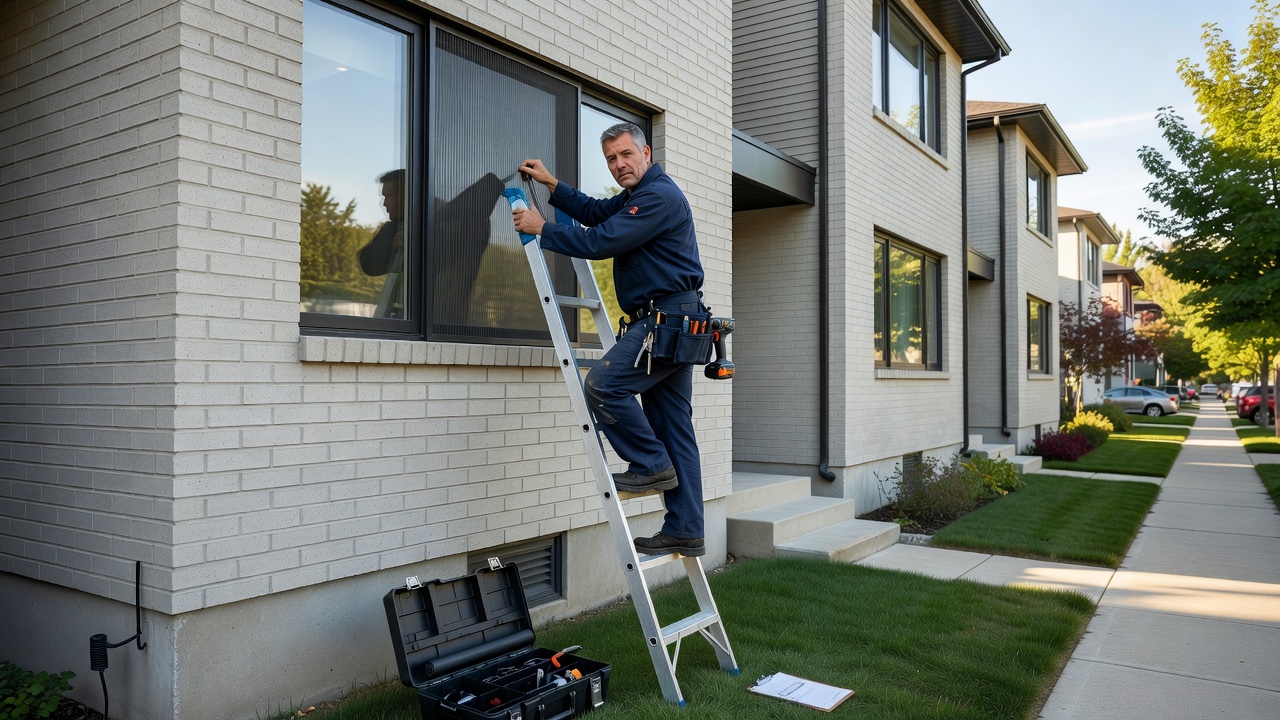 Mosquito-repellent screen installed on a window of a GTA semi-detached home