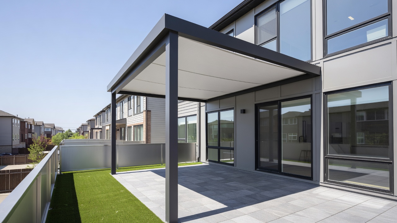 Townhome deck shaded with retractable awning in Mississauga
