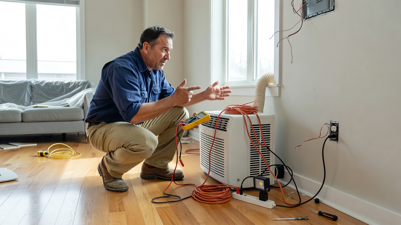 Mississauga electrician inspecting electrical outlet for portable AC safety