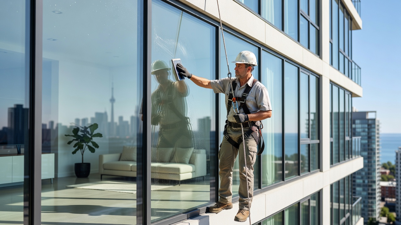 Professional window cleaning service on a Mississauga high-rise condo during summer