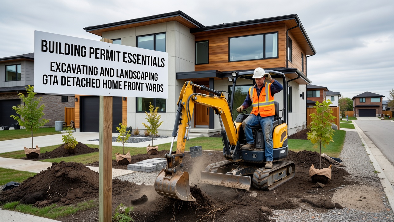 Excavating and landscaping front yard with building permit in GTA detached home