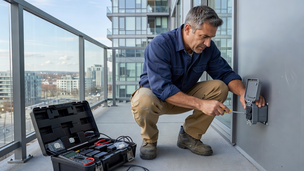 Etobicoke electrician installing outdoor electrical outlet on condo balcony