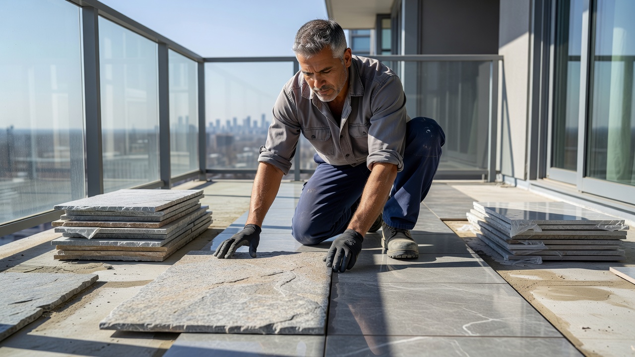 Condo balcony flooring options with natural stone and porcelain tiles in Brampton home improvement