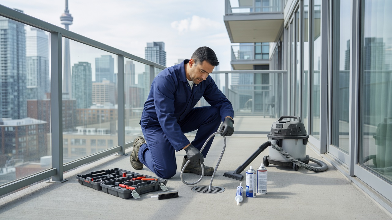Plumber performing drain cleaning on condo balcony in Toronto