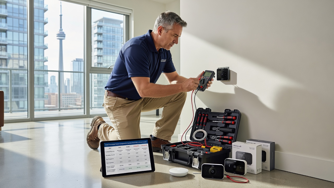 Smart thermostat installed in a Toronto condo HVAC system for summer climate control