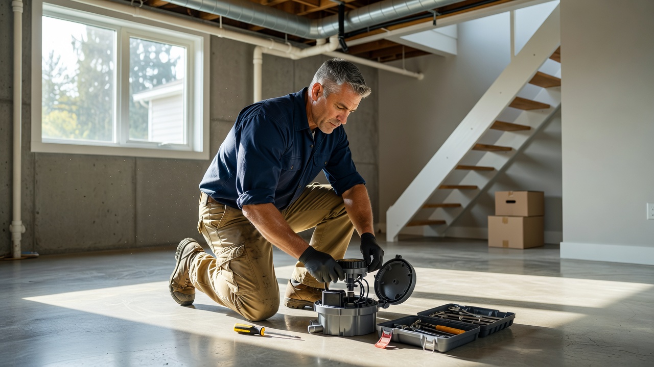 Plumber inspecting sump pump in Toronto detached home for plumbing repair