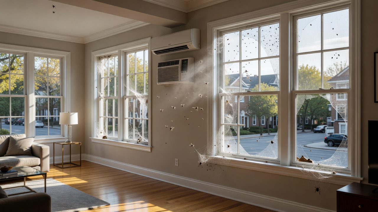 Well-maintained window screen on a GTA townhouse window