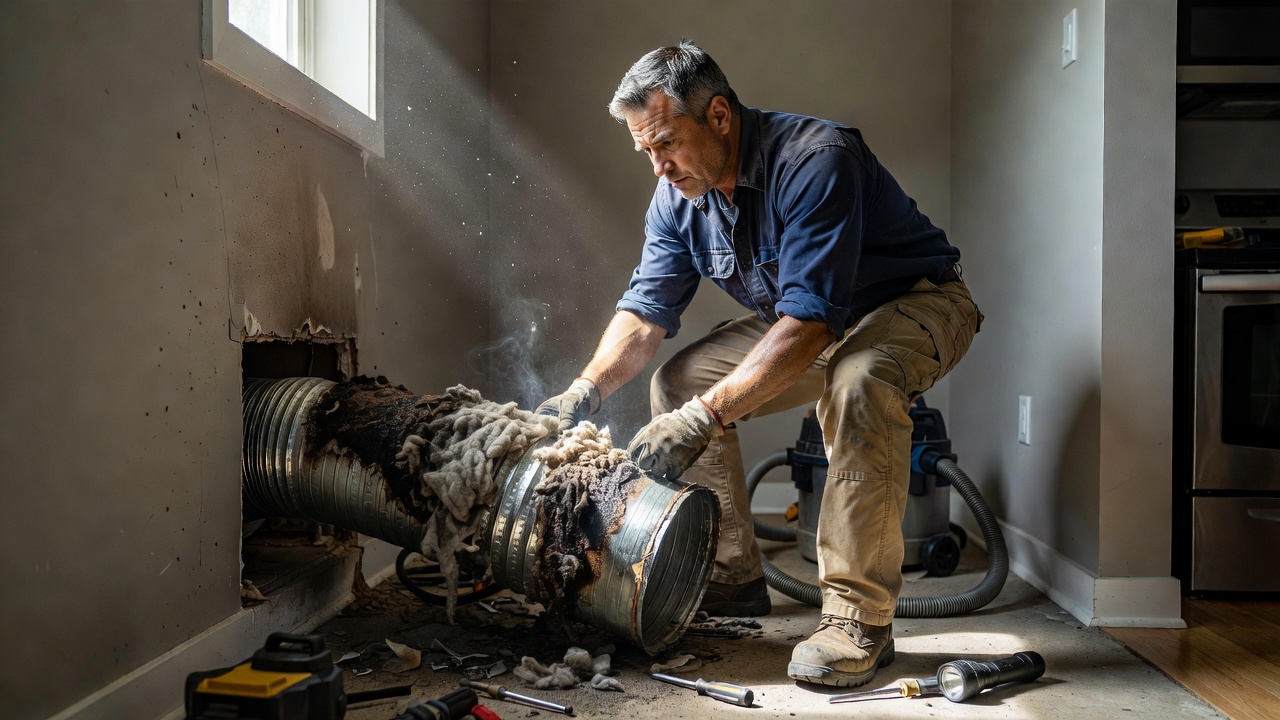 Brampton electrician inspecting dryer vent for electrical safety