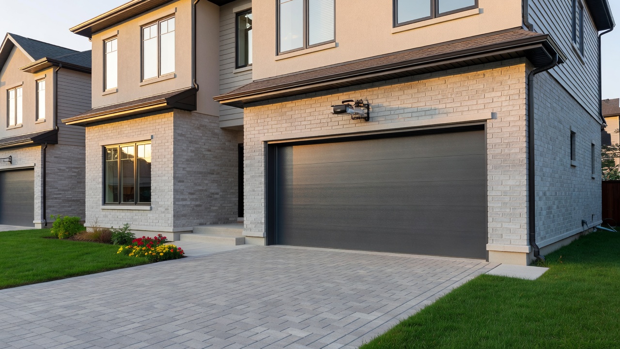 Electrical repair technician servicing garage door motor in summer