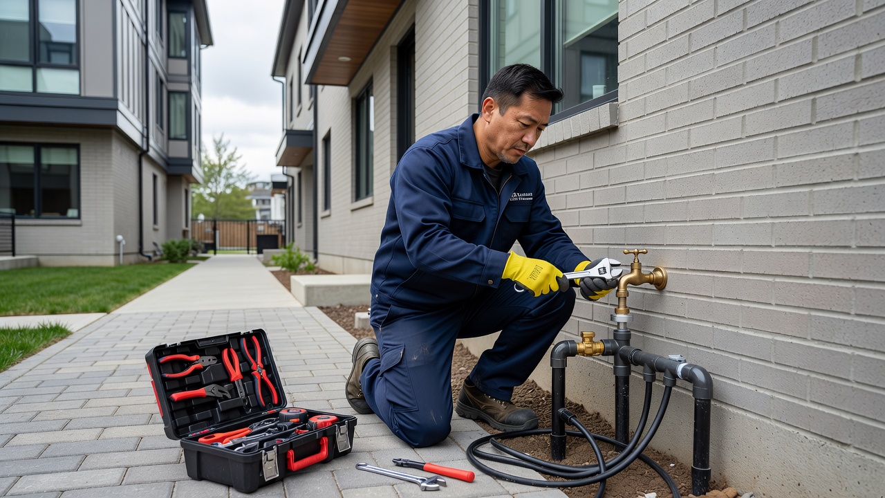Licensed plumbing contractors repairing outdoor faucet in GTA townhouse