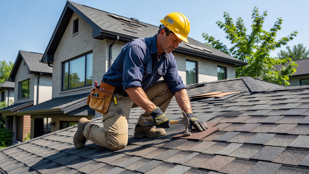 Certified roofers repairing asphalt shingles on a GTA detached home in summer