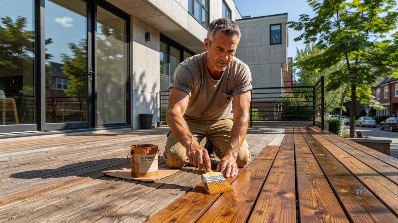 Toronto exterior painting service restoring townhouse deck with eco-friendly stains