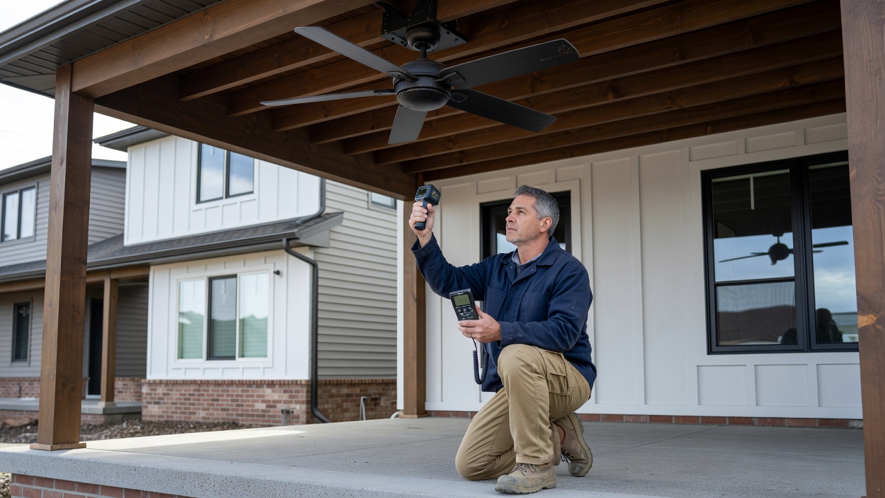 Outdoor ceiling fan installed on semi-detached patio in Scarborough