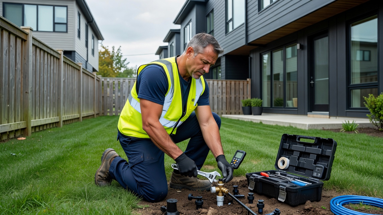 Townhouse irrigation system being serviced in Toronto landscaping