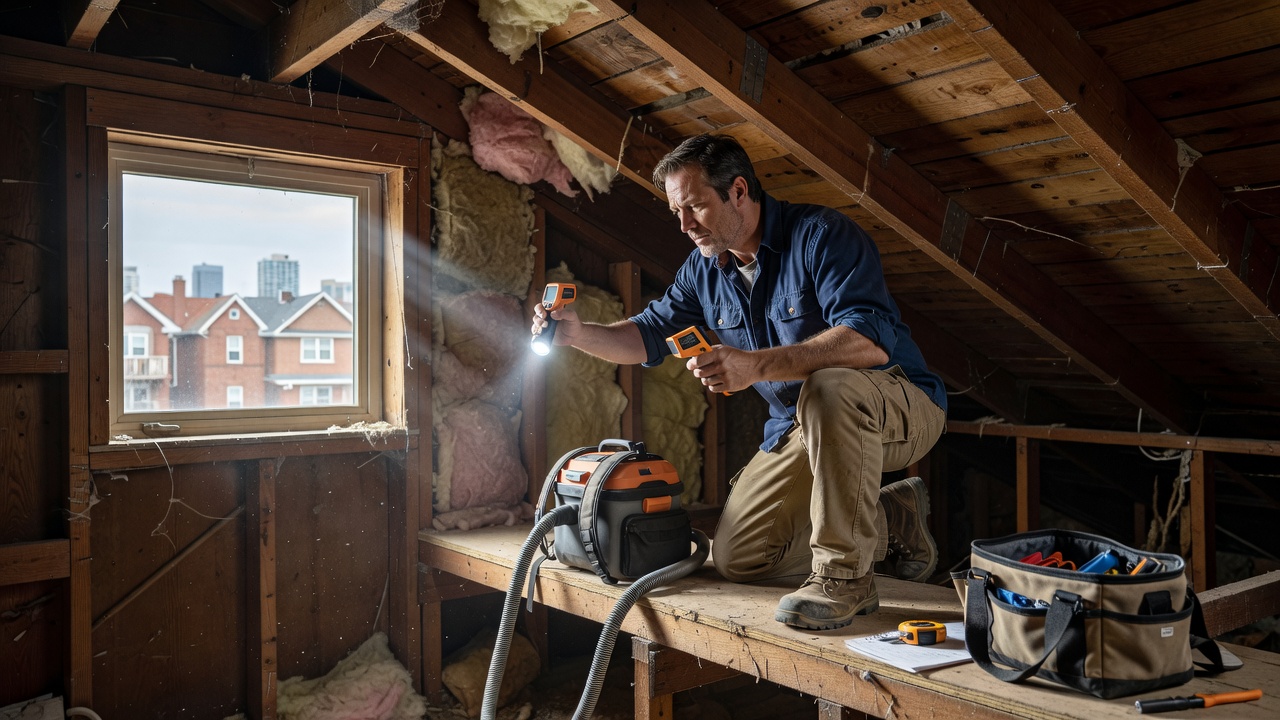 Attic ventilation check with HVAC contractor tools in Toronto semi-detached home