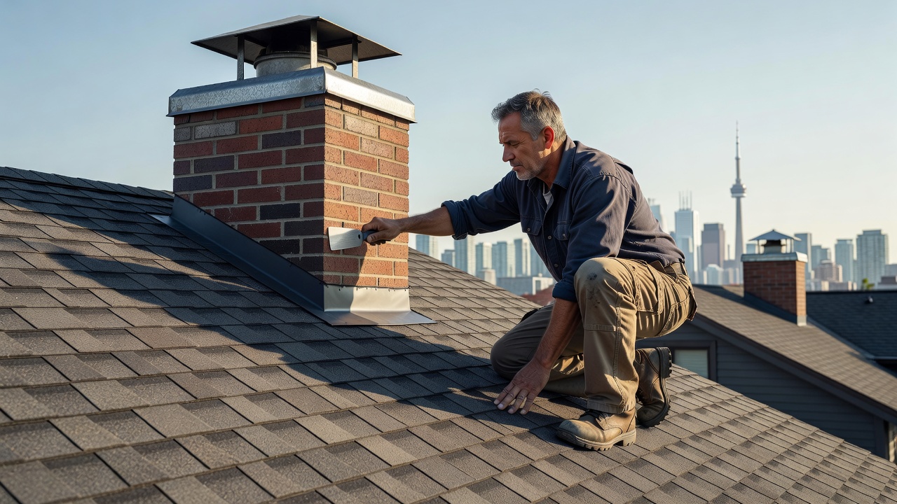 Townhouse roof flashing and chimney cap inspection for home maintenance in Toronto