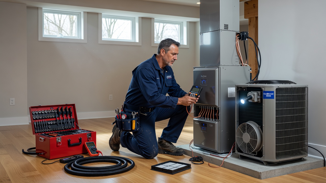HVAC contractor performing seasonal HVAC tune-up in a Toronto semi-detached home