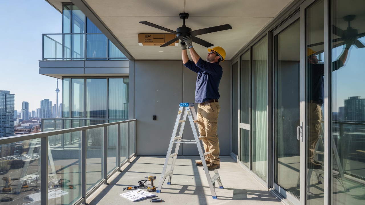 Outdoor fan electrical installation on condo balcony in Toronto