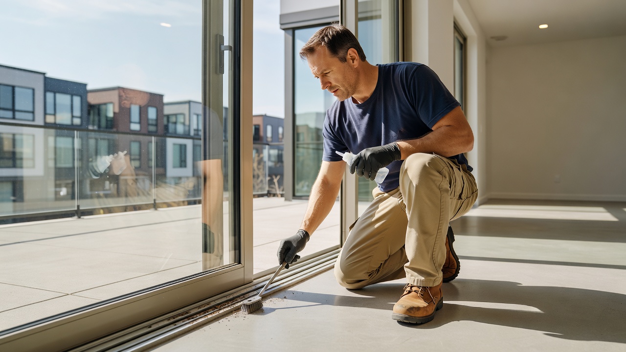 Home maintenance: cleaning and lubricating sliding door tracks in Toronto townhouse