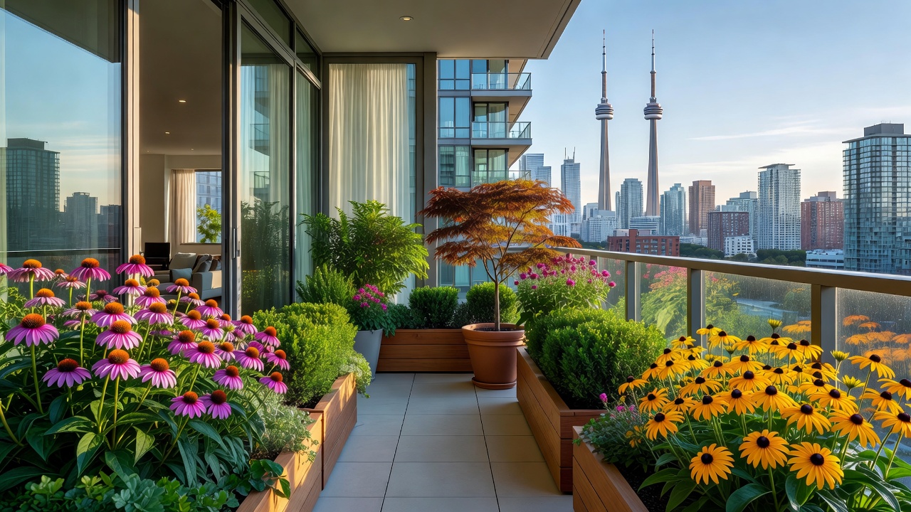 Beautiful lawn care and garden design in a Toronto summer condo yard