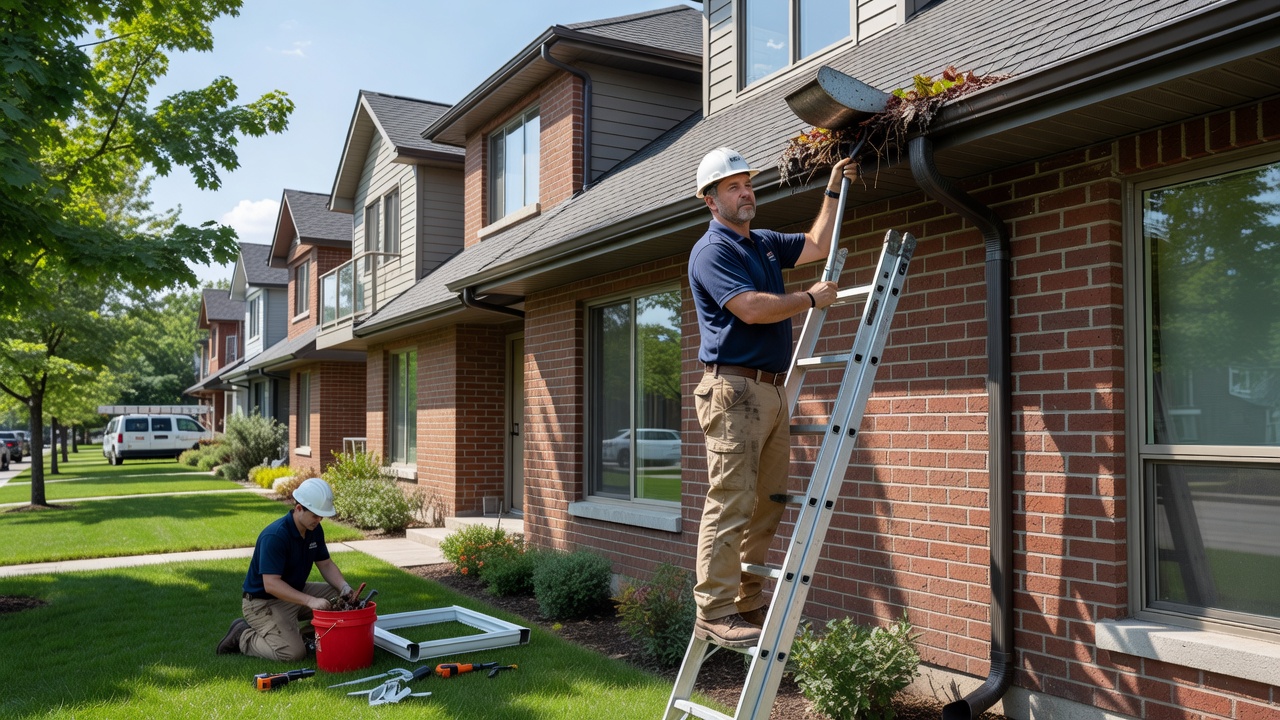 Gutter cleaning and repair on a Scarborough townhouse during summer