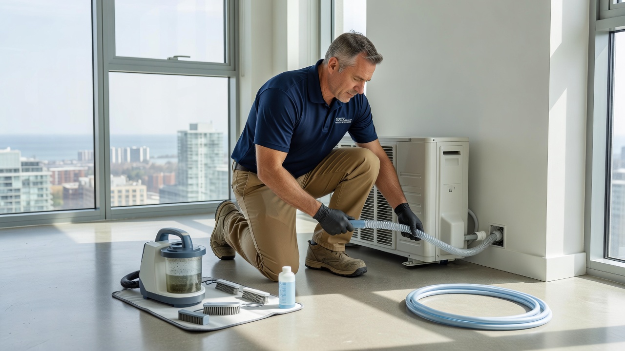 Air conditioner condensate drain line cleaning in a Toronto condo