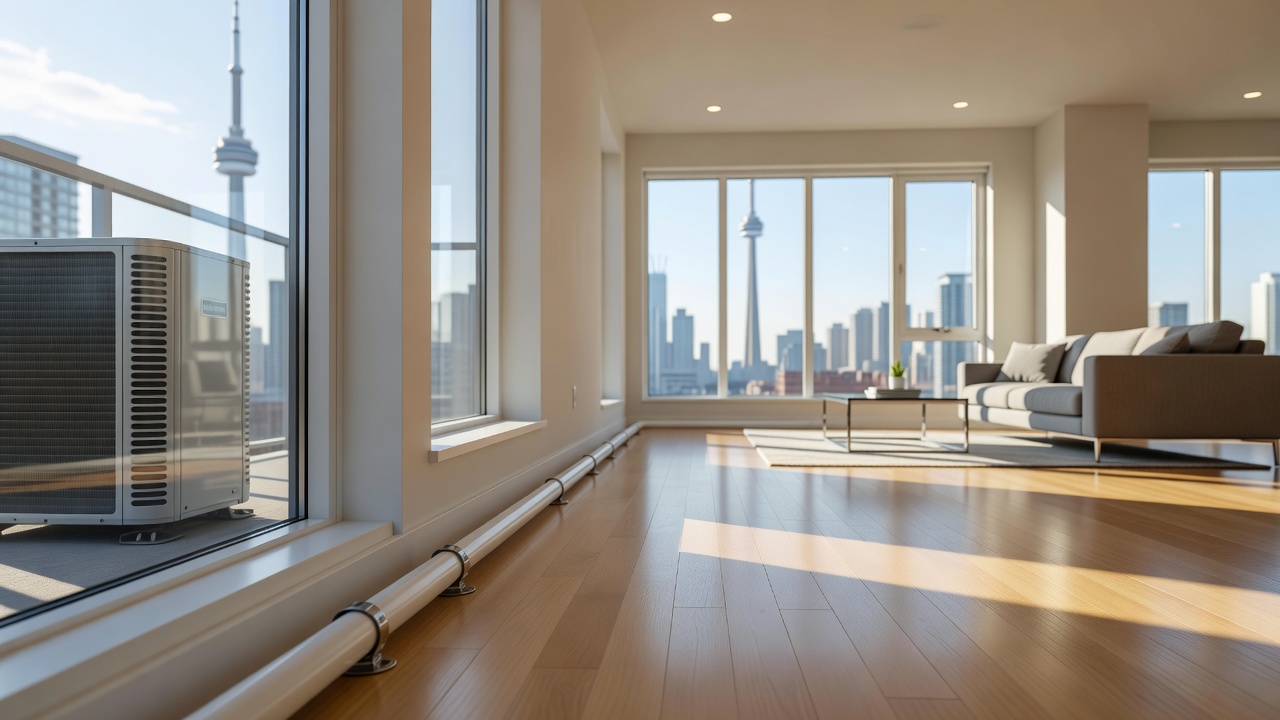 Technician performing HVAC condensate drain maintenance in a Toronto apartment