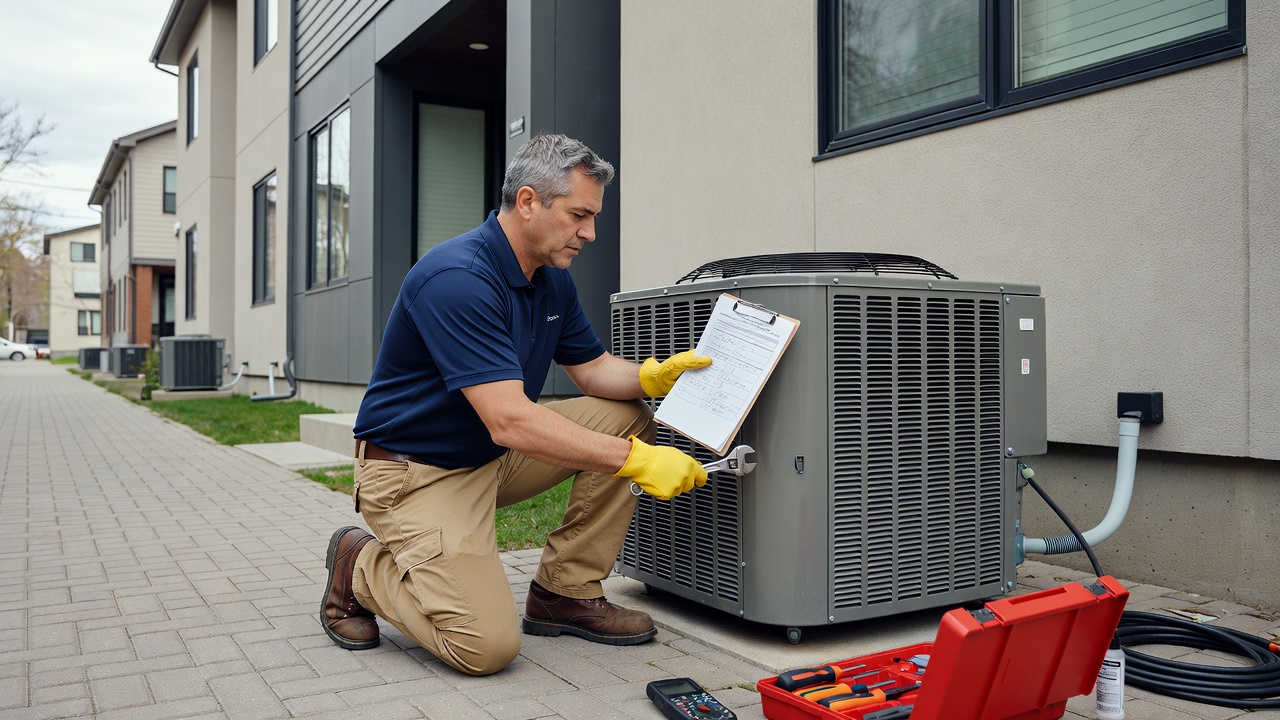 Air conditioner condenser unit in a GTA townhouse backyard