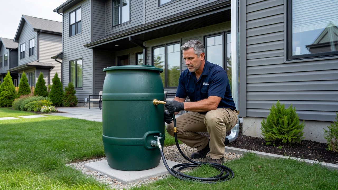 Rain barrel installation by Mississauga plumber for summer water savings