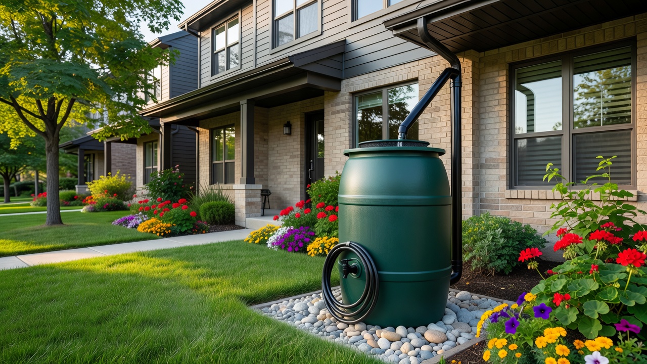 Rain barrel collecting water for townhouse gardening in Mississauga