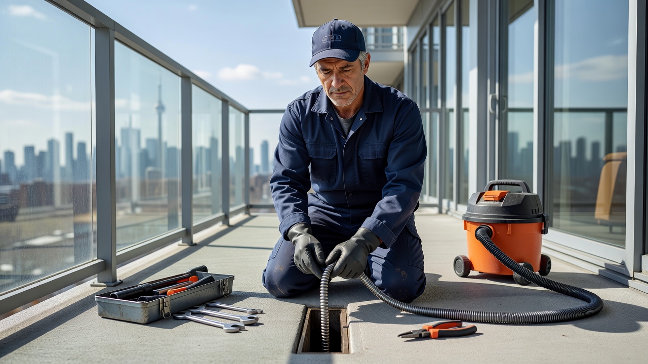 GTA condo balcony drain cleaning tools preventing water accumulation