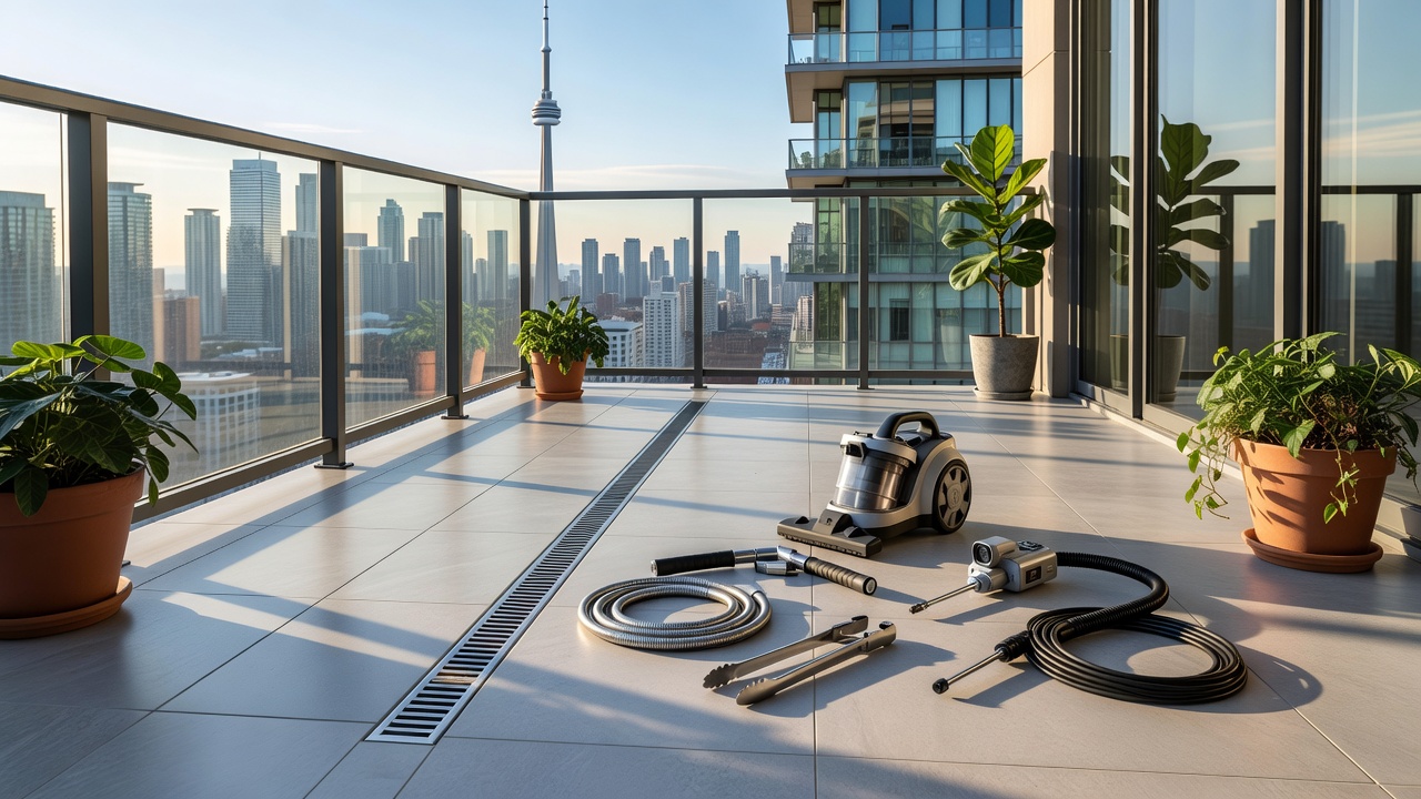 Tools used for condo balcony drain cleaning in Toronto