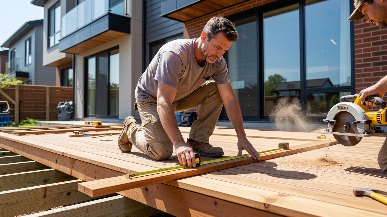 Contractor installing summer patio deck on a GTA townhouse