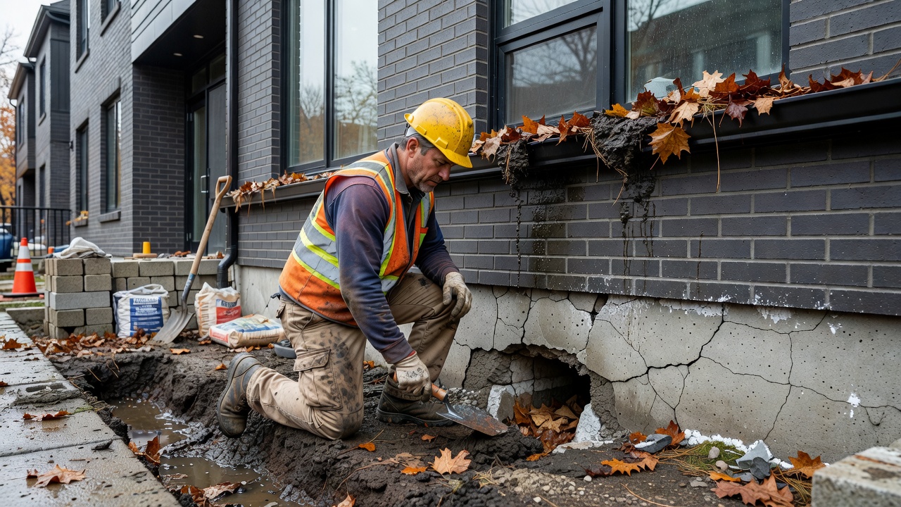 Toronto plumber inspecting eavestroughs on a townhouse